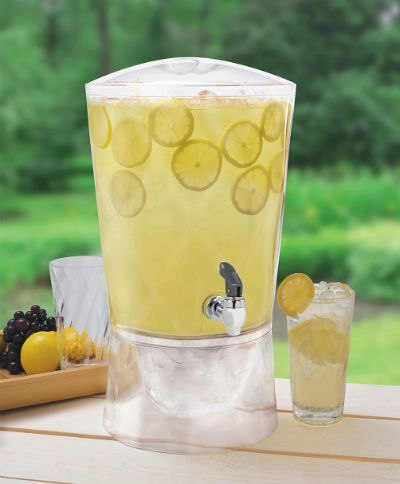 Creative Co-Op Hand Blown Glass and Mango Wood Beverage Dispenser with  Leather Loop Serveware, 9L x 9W x 13H, Natural